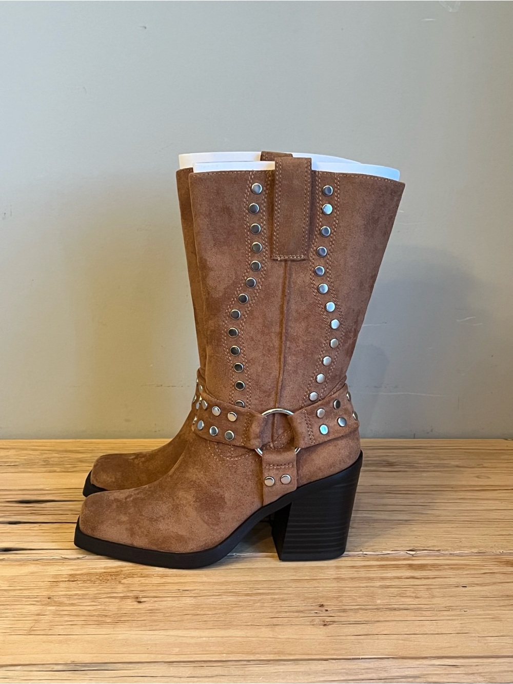NIB Madden Nyc Women’s Brown Faux Suede Studded Mid-Calf Boots - Picture 3 of 10